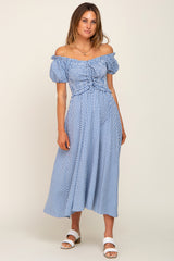 Blue Gingham Smocked Front Tie Off Shoulder Maternity Midi Dress