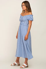 Blue Gingham Smocked Front Tie Off Shoulder Midi Dress