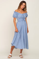 Blue Gingham Smocked Front Tie Off Shoulder Midi Dress