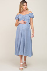 Blue Gingham Smocked Front Tie Off Shoulder Maternity Midi Dress