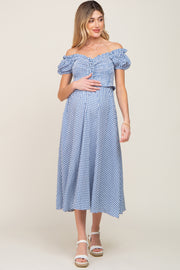 Blue Gingham Smocked Front Tie Off Shoulder Maternity Midi Dress