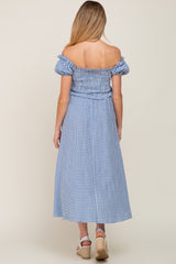 Blue Gingham Smocked Front Tie Off Shoulder Maternity Midi Dress