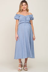 Blue Gingham Smocked Front Tie Off Shoulder Maternity Midi Dress