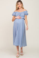 Blue Gingham Smocked Front Tie Off Shoulder Maternity Midi Dress