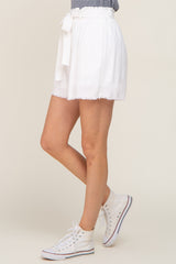 White Front Tie Raw Hem Shorts