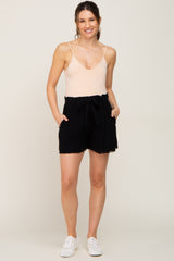 Black Front Tie Raw Hem Maternity Shorts