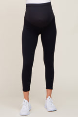 Black Rib Knit Cropped Maternity Leggings