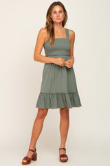 Olive Smocked Sleeveless Crepe Dress