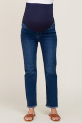 Navy Blue Fringe Hem Maternity Straight Leg Jeans