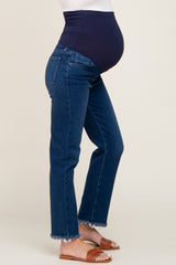 Navy Blue Fringe Hem Maternity Straight Leg Jeans