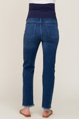 Navy Blue Fringe Hem Maternity Straight Leg Jeans