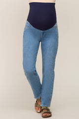 Light Blue Fringe Hem Maternity Straight Leg Jeans