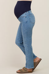 Light Blue Fringe Hem Maternity Straight Leg Jeans