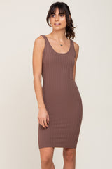 Brown Rib Knit Sleeveless Maternity Dress