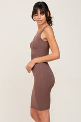 Brown Rib Knit Sleeveless Dress