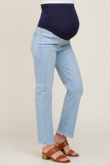 Light Blue Fringe Hem Straight Leg Maternity Jeans