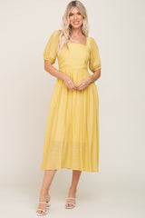 Yellow Striped Puff Sleeve Midi Dress