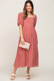 Mauve Striped Puff Sleeve Maternity Midi Dress