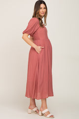 Mauve Striped Puff Sleeve Maternity Midi Dress