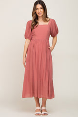 Mauve Striped Puff Sleeve Maternity Midi Dress