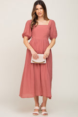 Mauve Striped Puff Sleeve Maternity Midi Dress