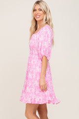 Pink Floral Shirred Puff Sleeve Dress