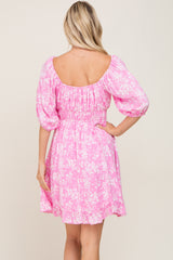 Pink Floral Shirred Puff Sleeve Dress