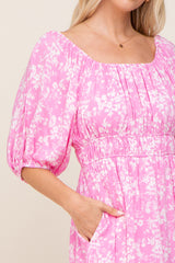 Pink Floral Shirred Puff Sleeve Dress