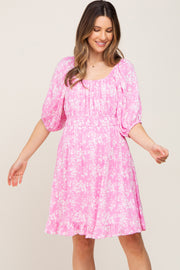 Pink Floral Shirred Puff Sleeve Maternity Dress