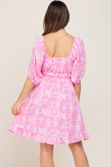 Pink Floral Shirred Puff Sleeve Maternity Dress