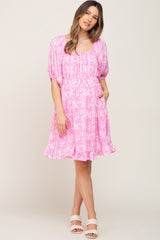 Pink Floral Shirred Puff Sleeve Maternity Dress