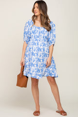 Blue Floral Shirred Puff Sleeve Maternity Dress