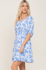 Blue Floral Shirred Puff Sleeve Dress