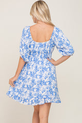 Blue Floral Shirred Puff Sleeve Dress