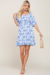 Blue Floral Shirred Puff Sleeve Dress