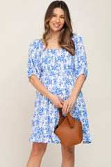 Blue Floral Shirred Puff Sleeve Maternity Dress