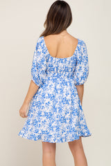 Blue Floral Shirred Puff Sleeve Maternity Dress