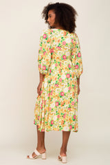 Yellow Floral 3/4 Sleeve Midi Dress