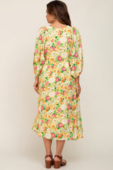 Yellow Floral 3/4 Sleeve Maternity Midi Dress