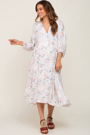 Ivory Floral 3/4 Sleeve Maternity Midi Dress