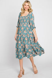 Jade Floral Smocked 3/4 Sleeve Midi Dress