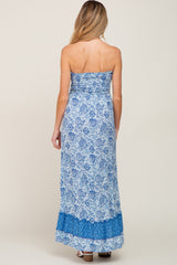 Blue Floral Asymmetrical Strapless Maternity Maxi Dress