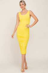 Yellow Ruched V-Back Maternity Midi Dress