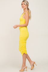 Yellow Ruched V-Back Midi Dress