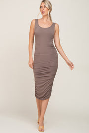 Taupe Ruched V-Back Midi Dress