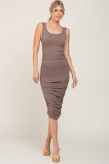 Taupe Ruched V-Back Midi Dress