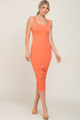 Coral Ruched V-Back Maternity Midi Dress