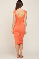 Coral Ruched V-Back Maternity Midi Dress