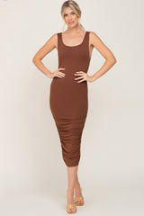 Brown Ruched V-Back Midi Dress