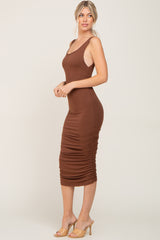 Brown Ruched V-Back Midi Dress